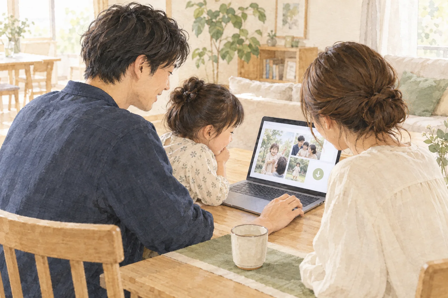 家族がノートパソコンで撮影写真を見返して保存する利用イメージ