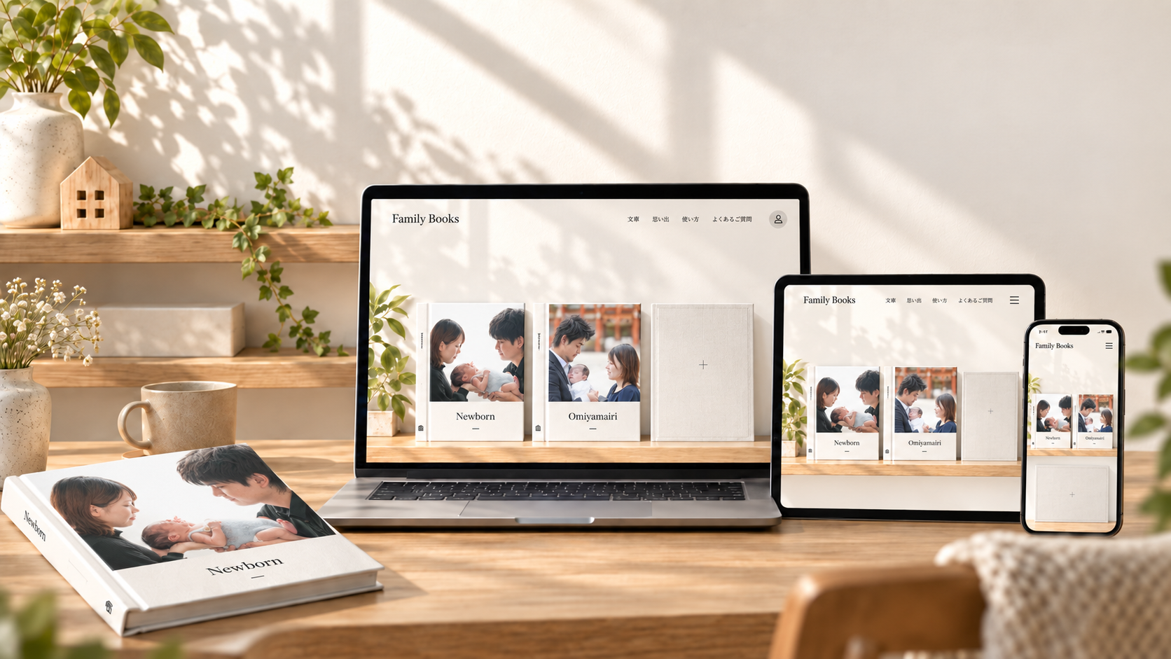 Family Booksをノートパソコン、タブレット、スマートフォンで見られるイメージ