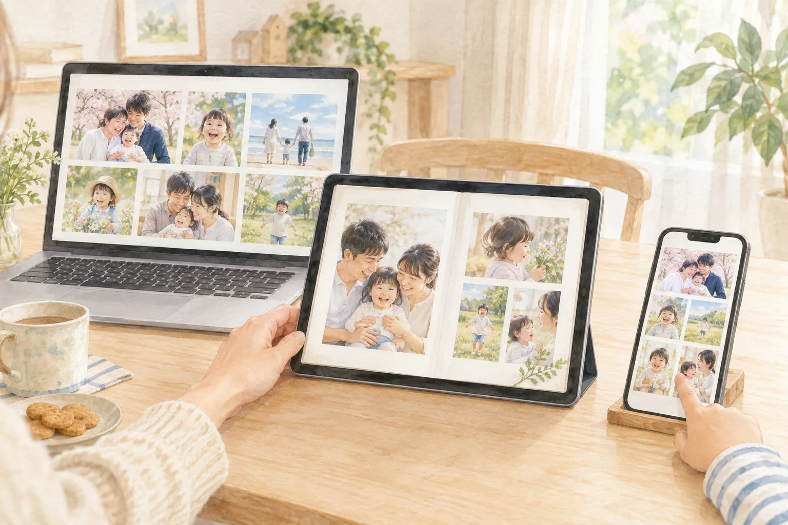 ノートパソコン、タブレット、スマートフォンで家族写真を見返す利用イメージ